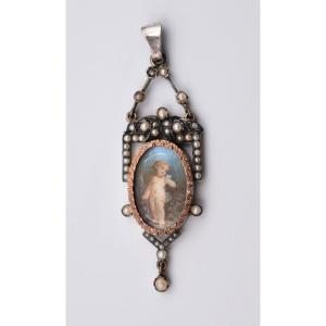 Pendentif Argent Vermeil Perles Et Miniature De Cupidon Chérubin Napoléon III