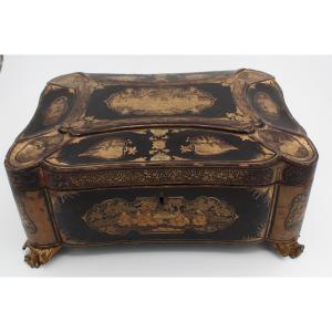 Boite Coffret En Bois Laque Dore  De Chine   Canton XIX Eme