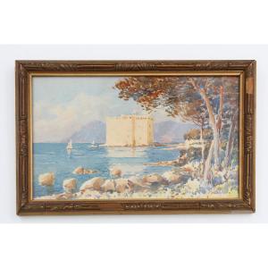 Tableau Aquarelle Sur Papier " Chateau Fort Saint Honorat " Signé Louis German