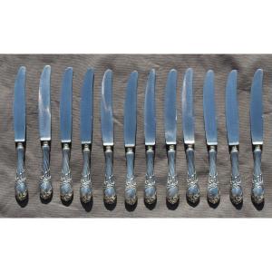 Set Of 12 Russian Rocaille Moscow Silver Knives 