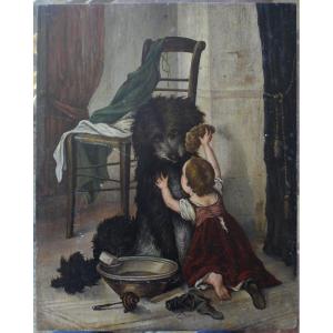 Oil On Panel 19th Century Representing A Child And A Dog