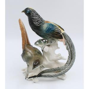 Karl Ens Porcelain Group Enameled With 2 Pheasants