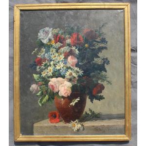 Oil Painting On Canvas Signed G Viard 19th Century Vase With Bouquet Of Flowers