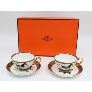 Hermes Pair Of Cheval d'Orient Teacups And Saucers With Box