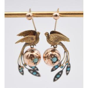 Boucles d'Oreilles Oiseaux Du Paradis XIXème Siècle Pomponne Turquoise Et Perles