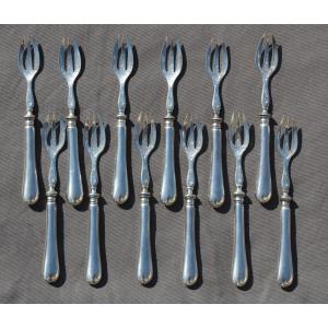 12 Cuilleres A Gateaux En Argent Poincon Minerve Decor De Rocaille