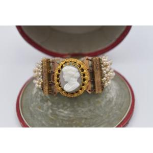 Antique Cameo Bracelet With Pomponne And Pearls, 19th Century, Napoleon III