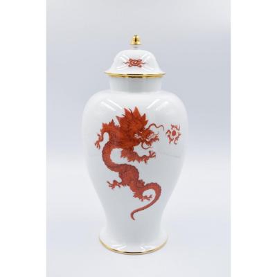 Grand Vase à Couvercle En Porcelaine De Meissen Décor De Dragon Ming En Rouge 