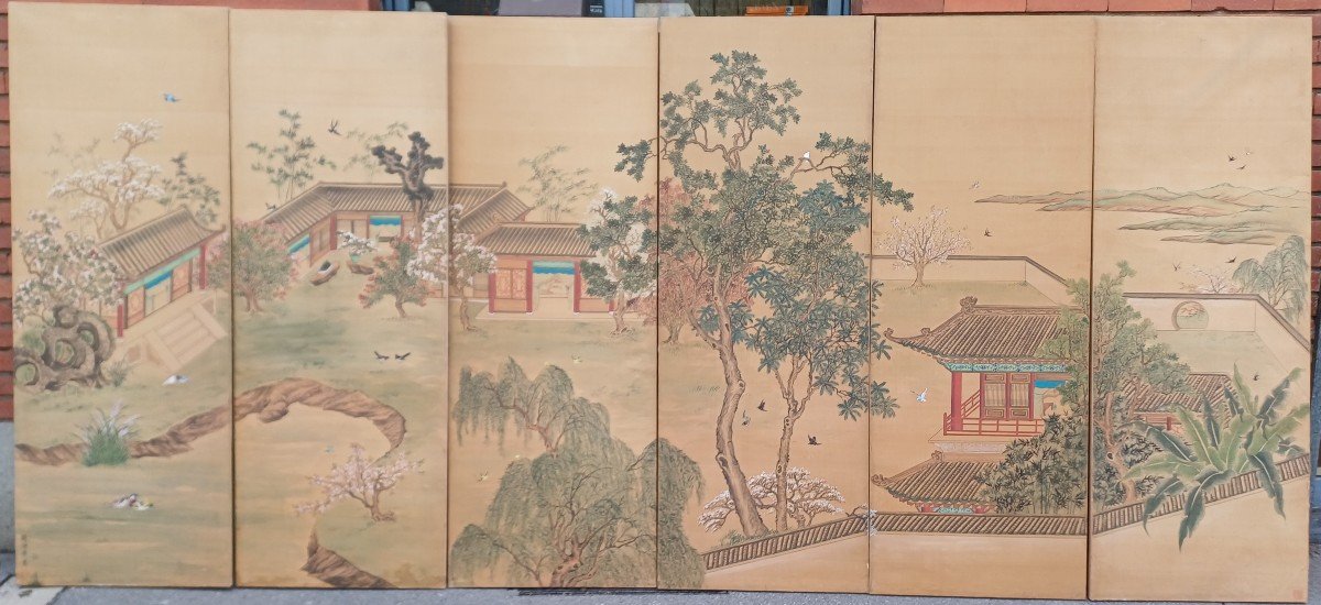 6 Peintures Chinoises Sur Soie Et Papier