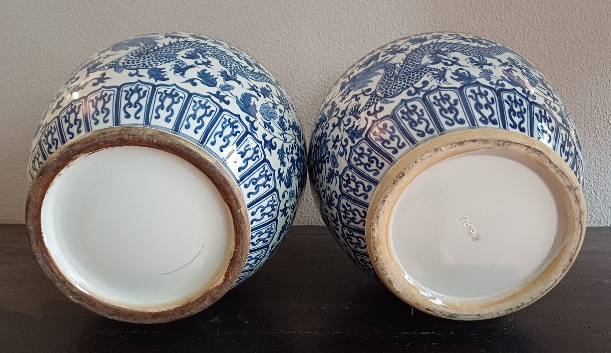 Pair Of Large Blue-white Porcelain Vases, China, 20th Century.-photo-2