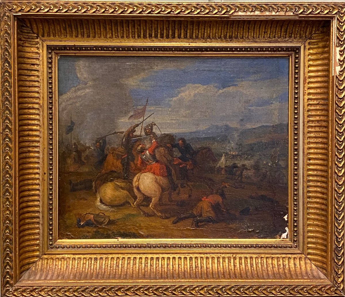 Ecole Française XVII Scène De Bataille « choc Des Cavaleries » Tableau Ancien