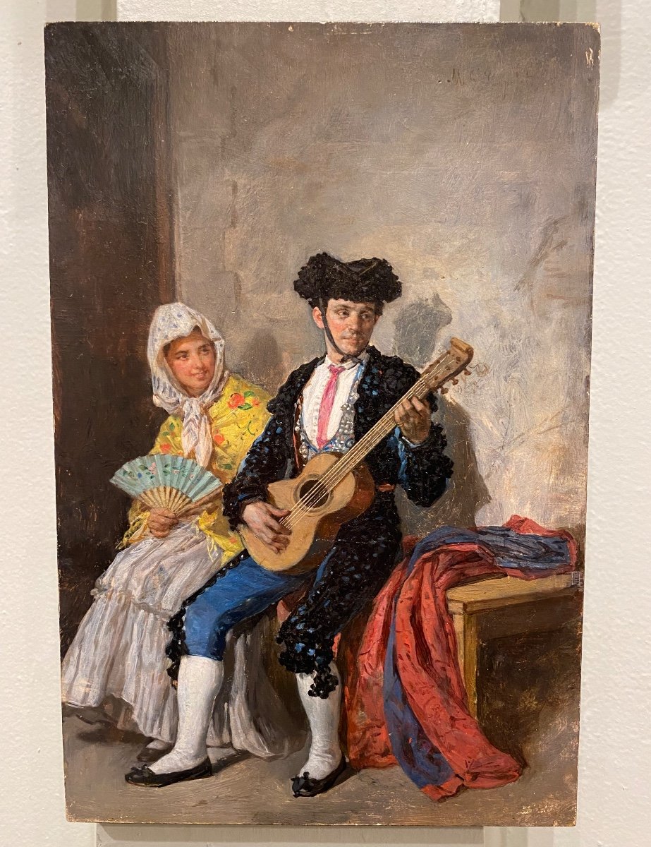 Spanish School 19th Century Corrida Matador Musician Guitar Mention Fortuny Old Painting-photo-2