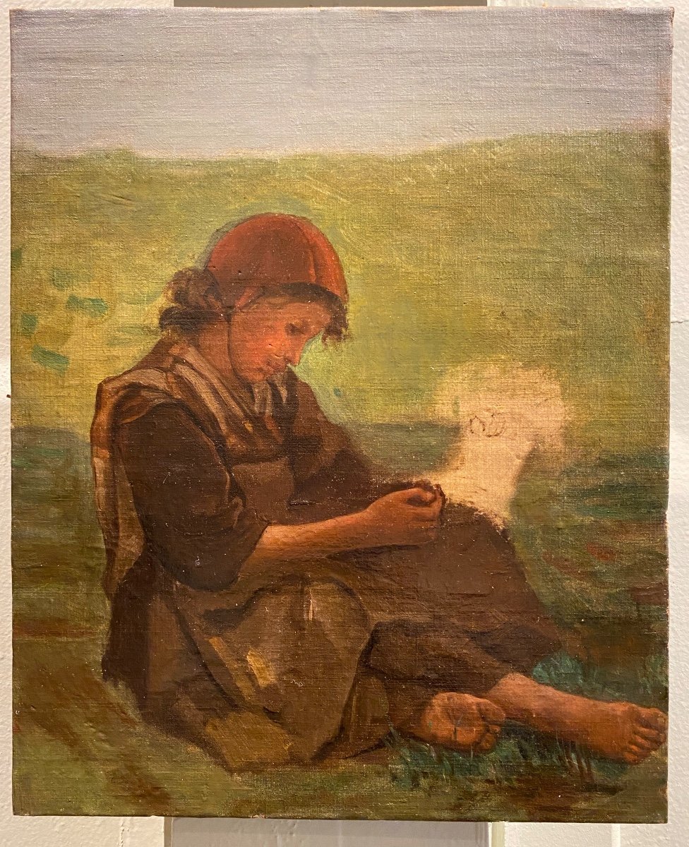 19th Century French School Naturalism Young Girl On The Grass Oil On Canvas