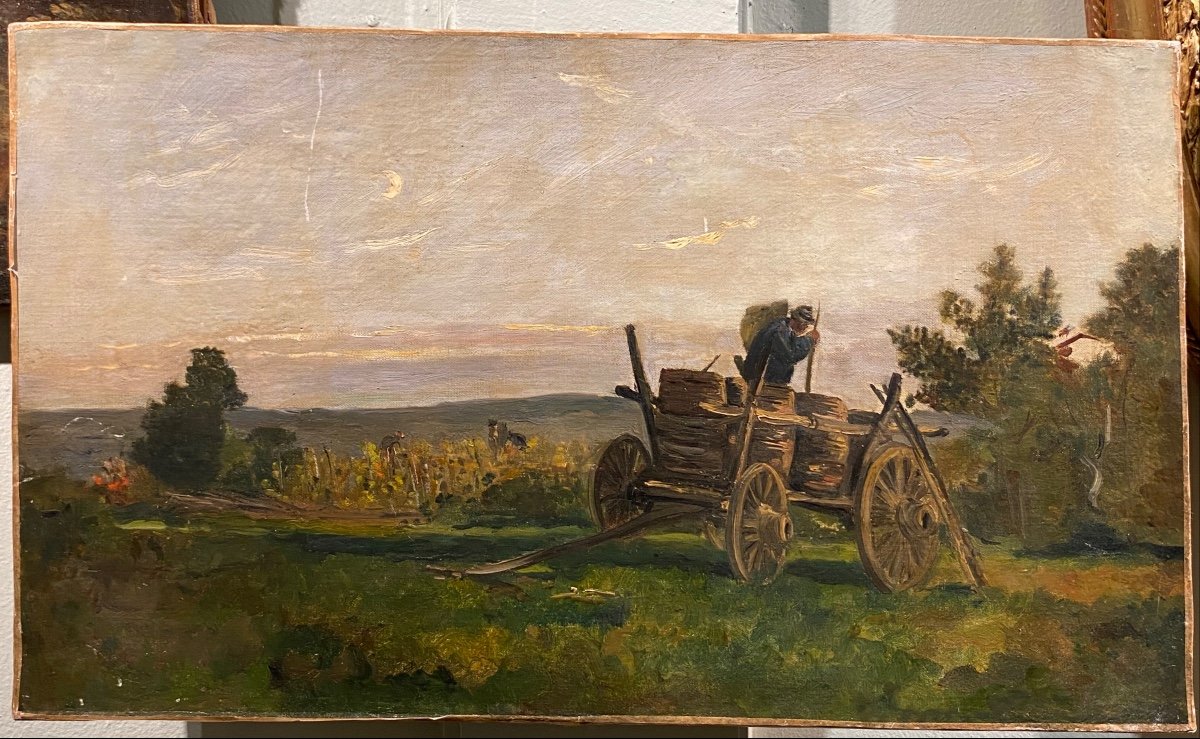 Ecole Française XIXe Vendanges dans le Bordelais Huile Sur Toile Paysage Tableau Ancien-photo-1