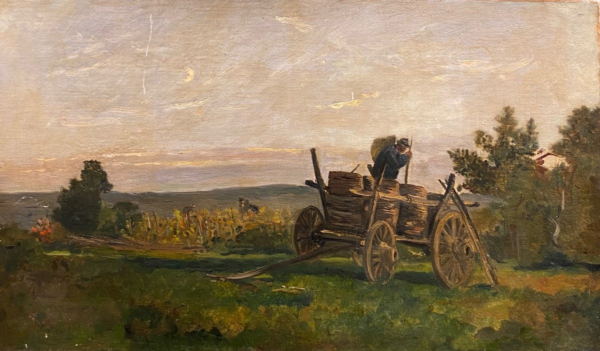 Ecole Française XIXe Vendanges dans le Bordelais Huile Sur Toile Paysage Tableau Ancien