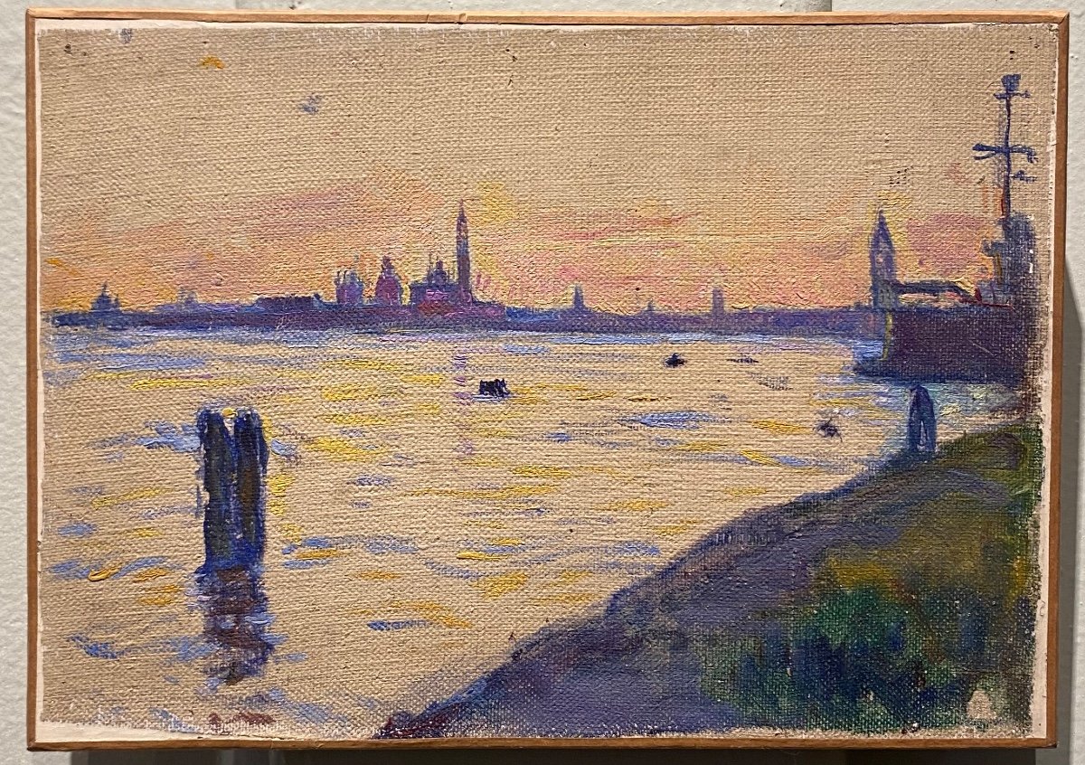 Ecole Post Impressionniste Lagune Venise Huile Sur Toile Tableau Ancien-photo-4