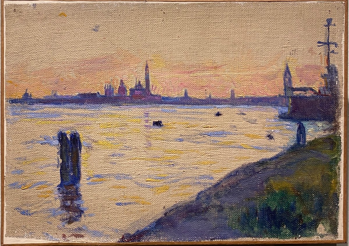 Ecole Post Impressionniste Lagune Venise Huile Sur Toile Tableau Ancien