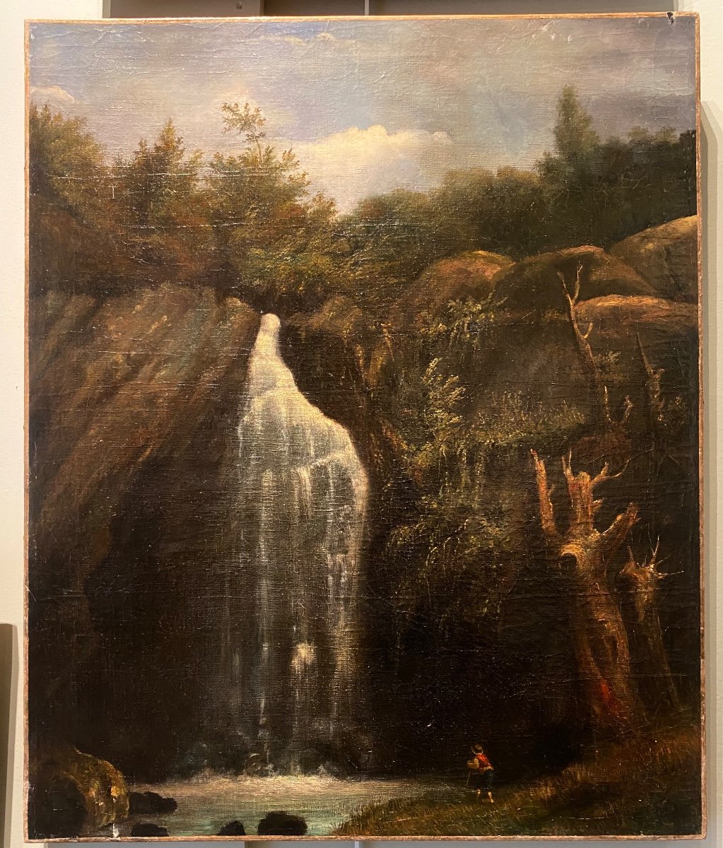 Ecole Française XIXe Une Cascade Paysage Personnage Huile Sur Toile Tableau Ancien-photo-1