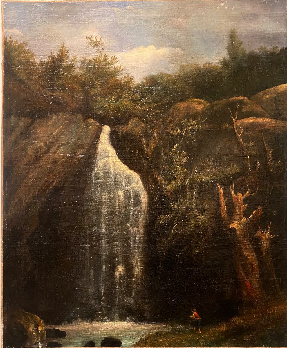 Ecole Française XIXe Une Cascade Paysage Personnage Huile Sur Toile Tableau Ancien