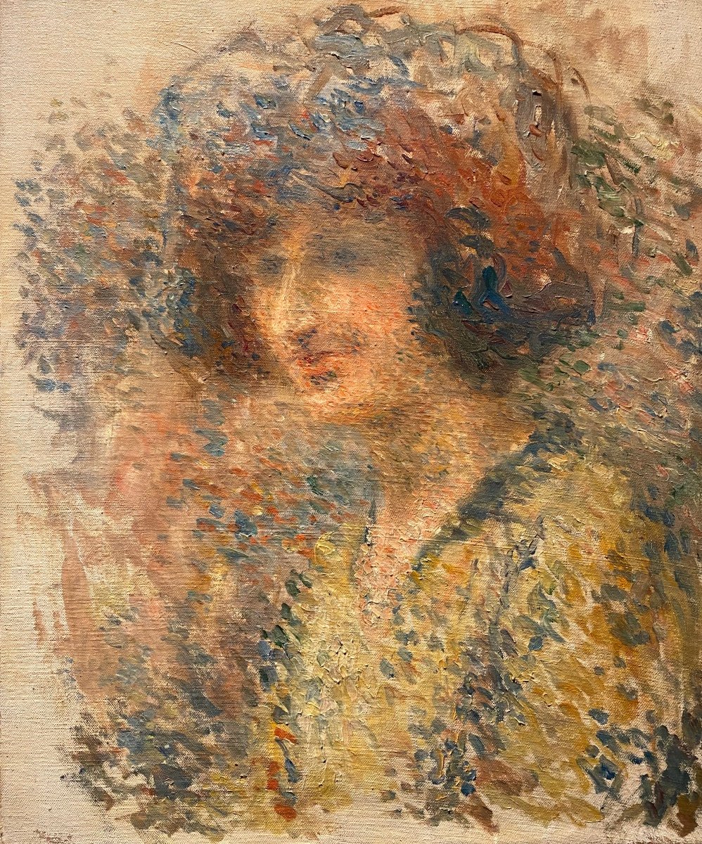 Ecole Néo-impressionniste Divisionnisme Début XXe Portrait De Femme Rousse Hst Tableau Ancien