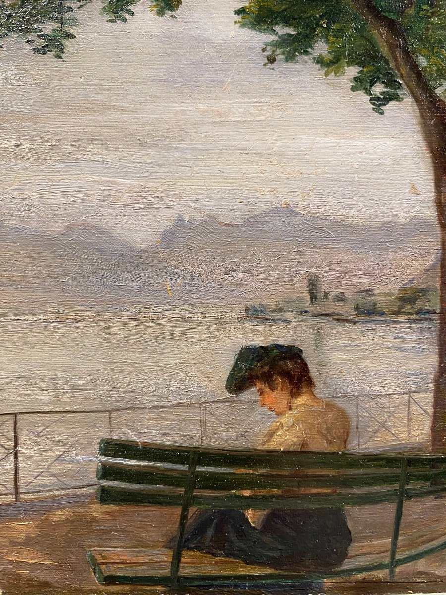 French School End Of The 19th Century Around 1900 Woman Lake Geneva Oil On Panel Old Painting-photo-2