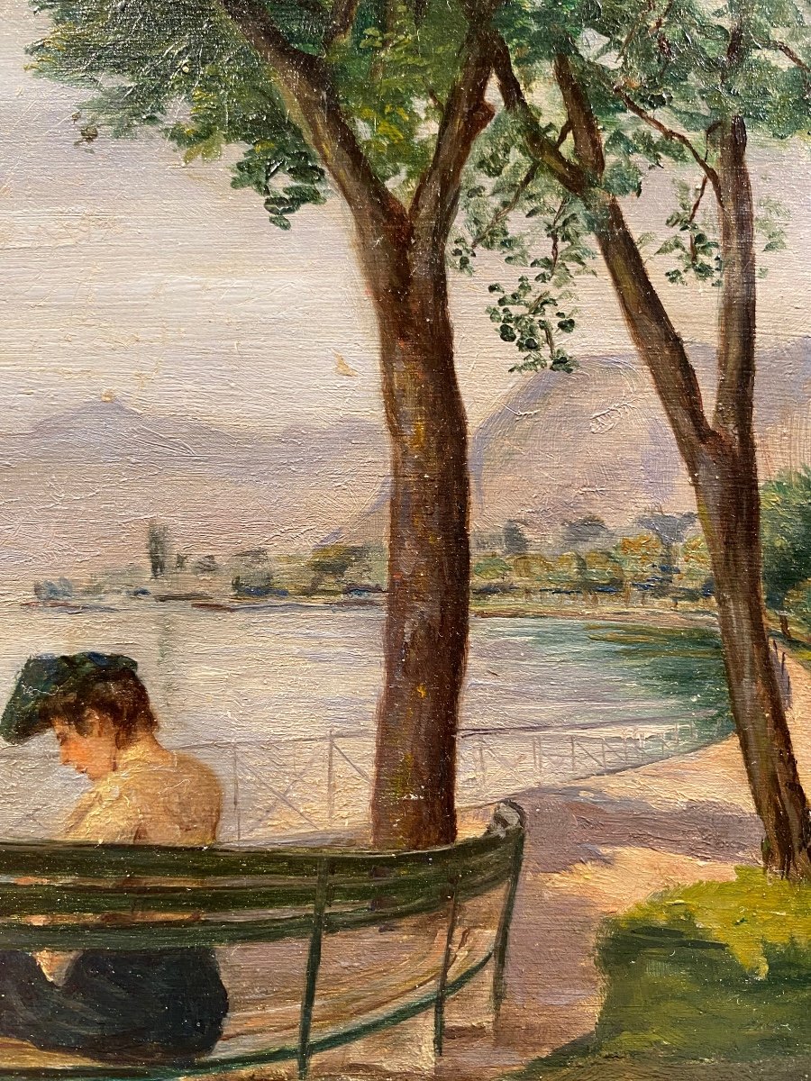 French School End Of The 19th Century Around 1900 Woman Lake Geneva Oil On Panel Old Painting-photo-3