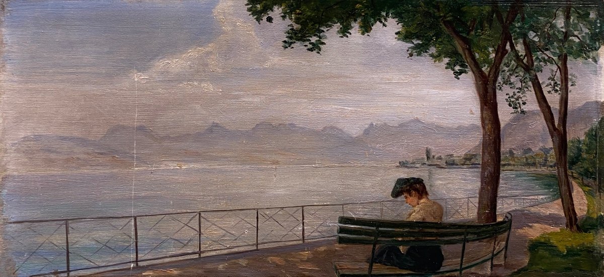 French School End Of The 19th Century Around 1900 Woman Lake Geneva Oil On Panel Old Painting