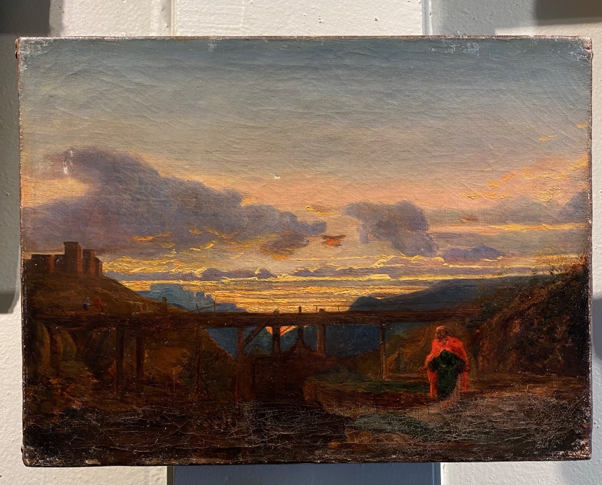 French School 19th Century Antique Landscape Character Painting Oil On Canvas Old Painting-photo-2