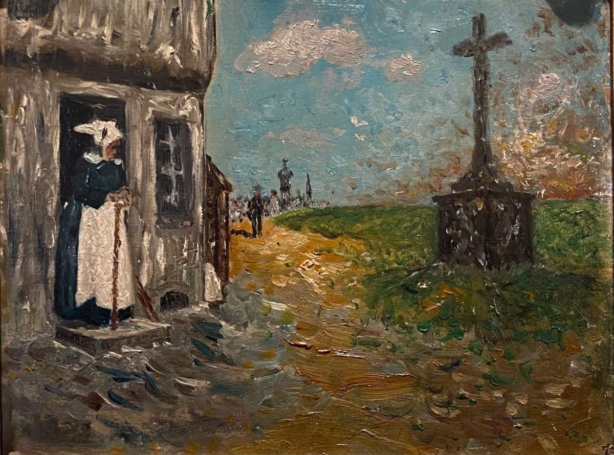 French School XIX Brittany Post Impressionism Breton Calvary Landscape Old Painting