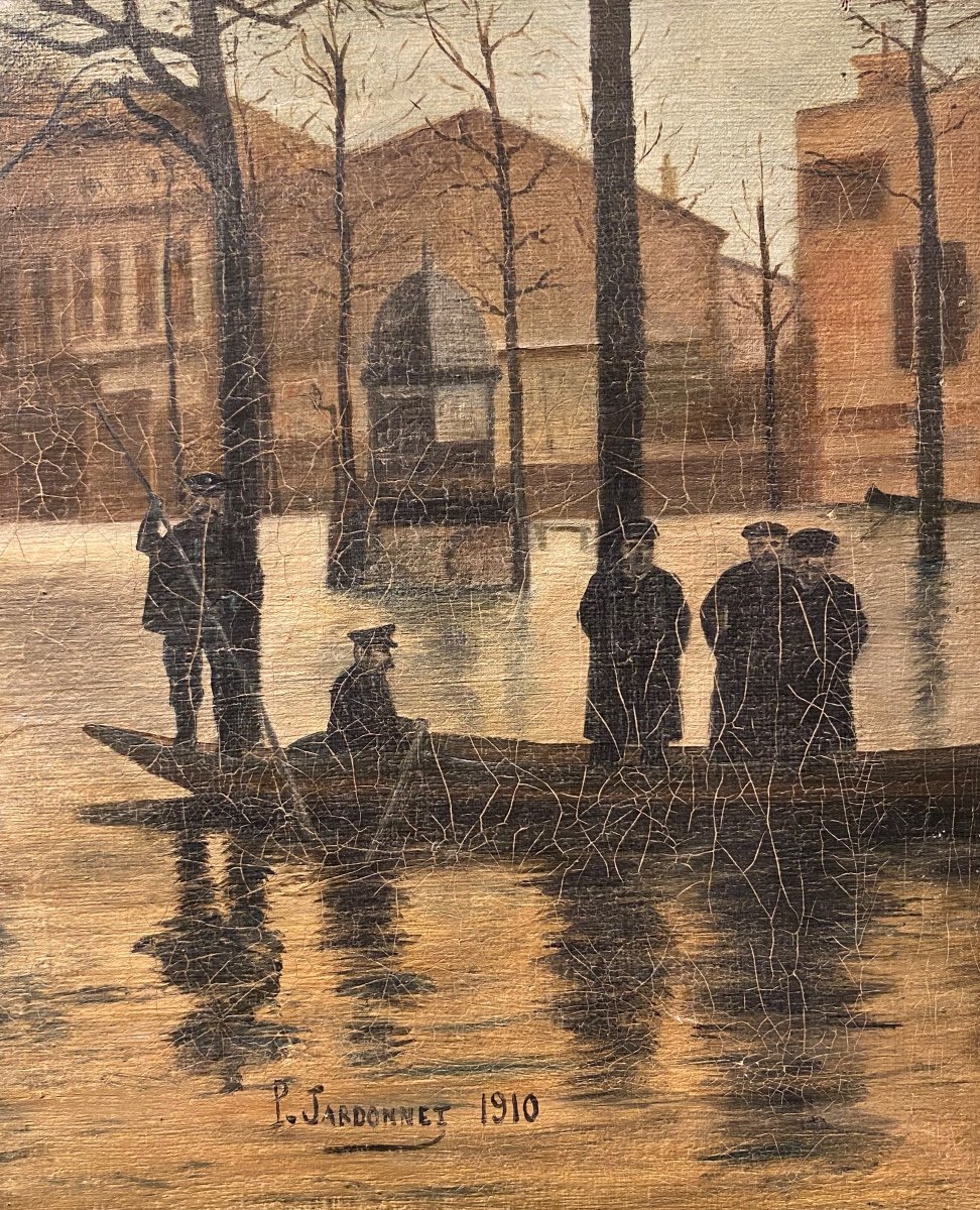 Crue De La Seine 1910 Art Naïf Double Face Tableau Ancien Paris école Française XXe-photo-3