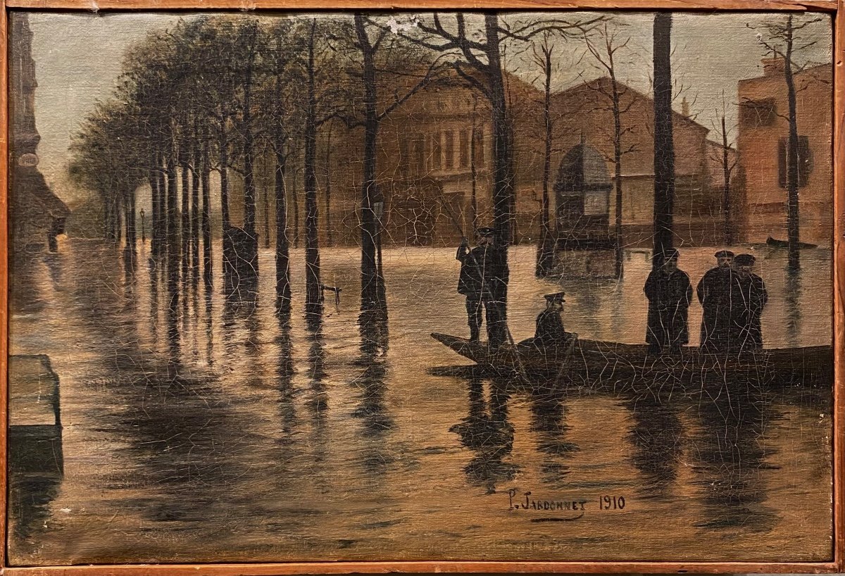 Crue De La Seine 1910 Art Naïf Double Face Tableau Ancien Paris école Française XXe