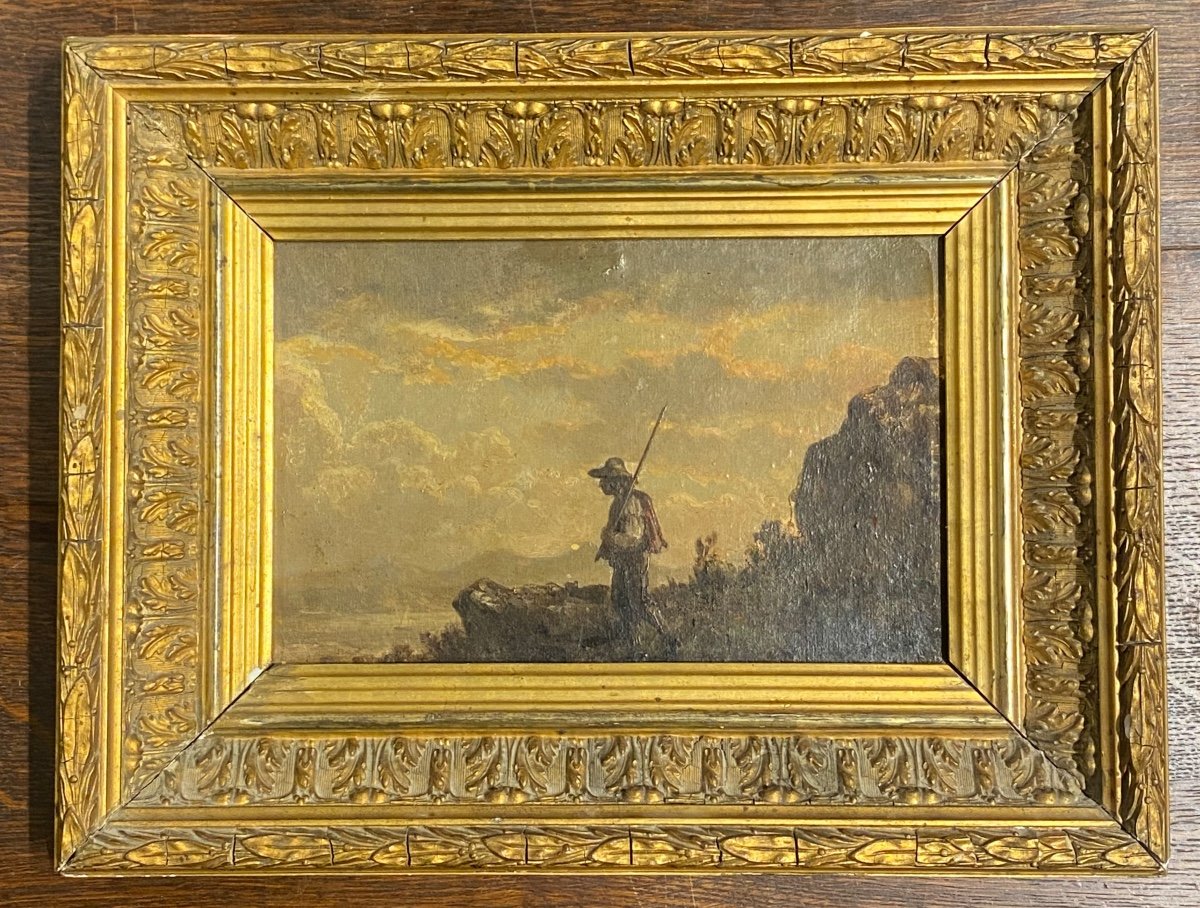 Italian School XIXth Century Shepherd Landscape Antique Painting -photo-2