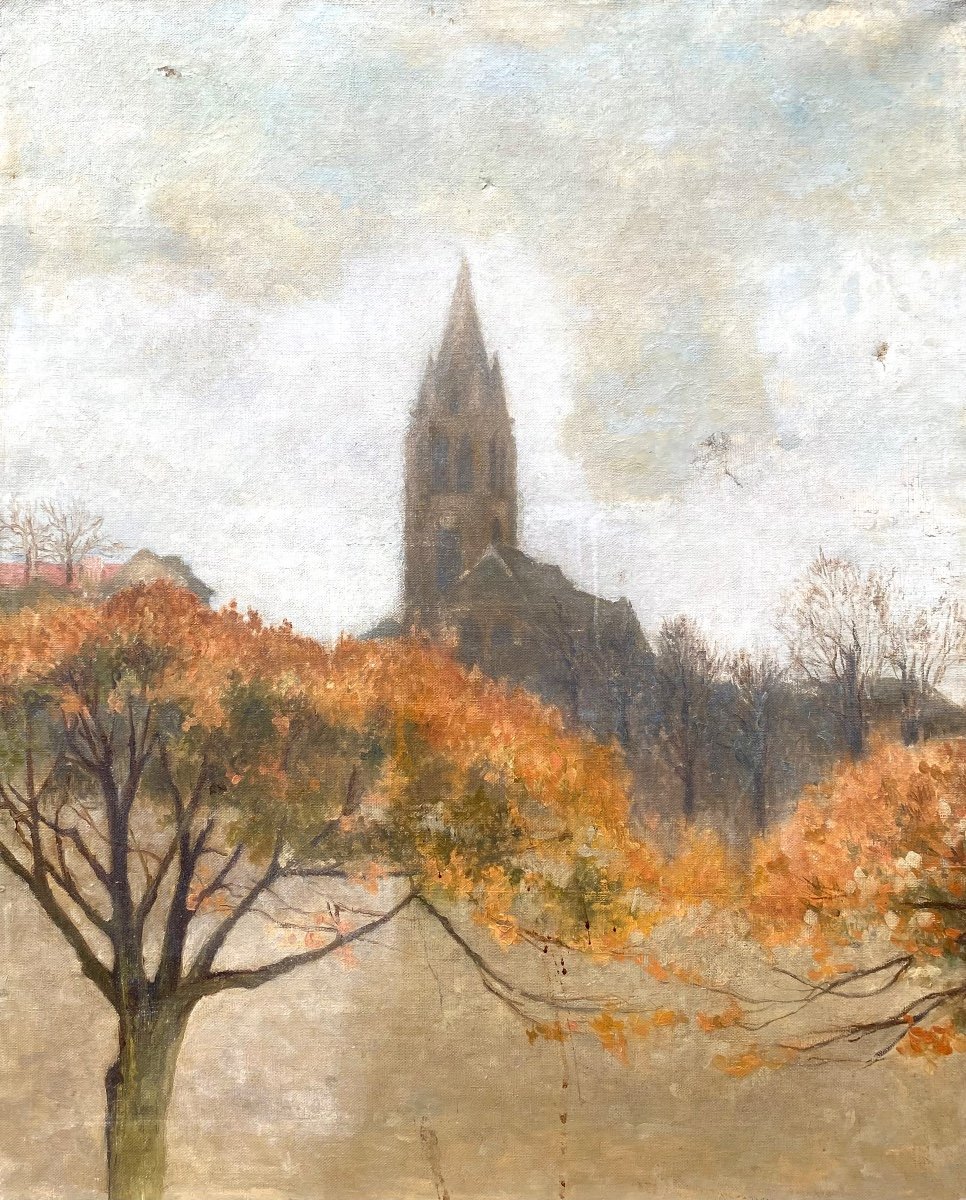 Post-impressionism Late 19th Century Village In Autumn Church Old Painting Oil On Canvas