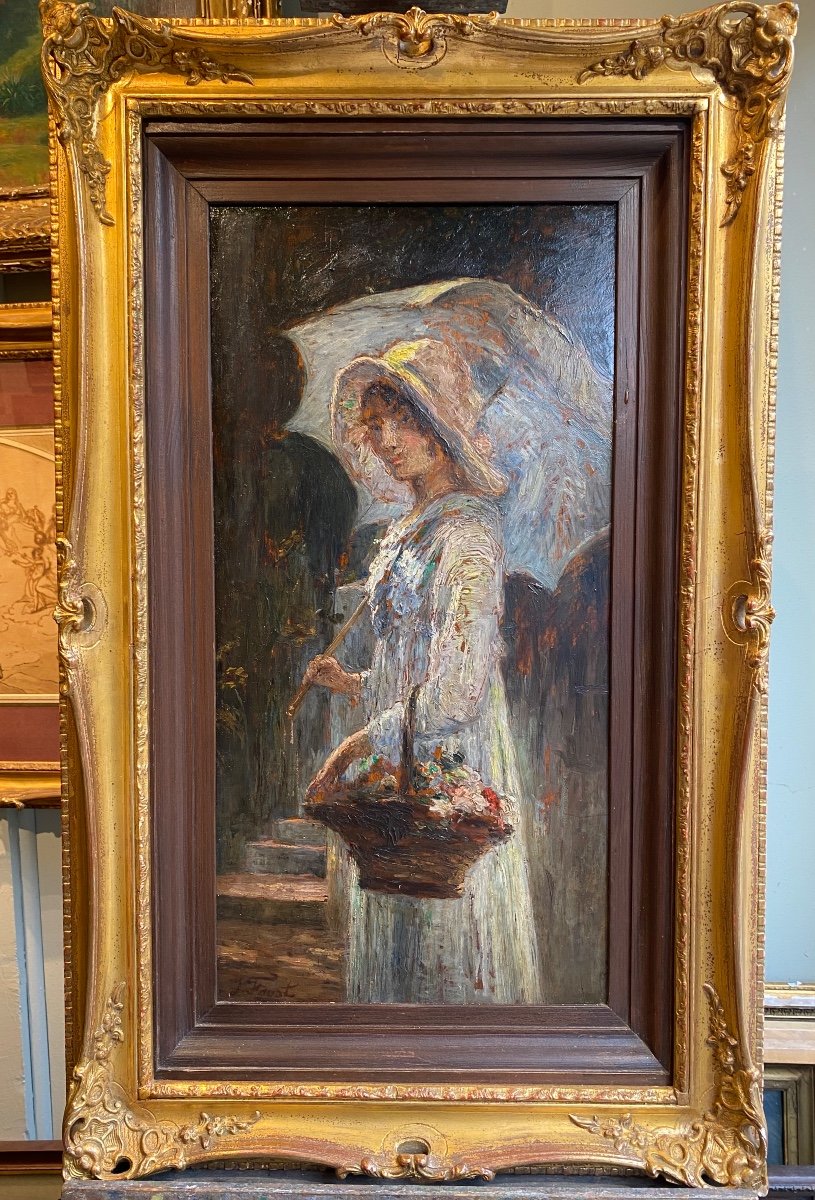 Joseph Faust (1868-1934) Woman With A Parasol 19th Century Portrait Provence Old Painting-photo-2