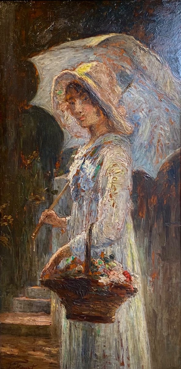 Joseph Faust (1868-1934) Woman With A Parasol 19th Century Portrait Provence Old Painting-photo-1