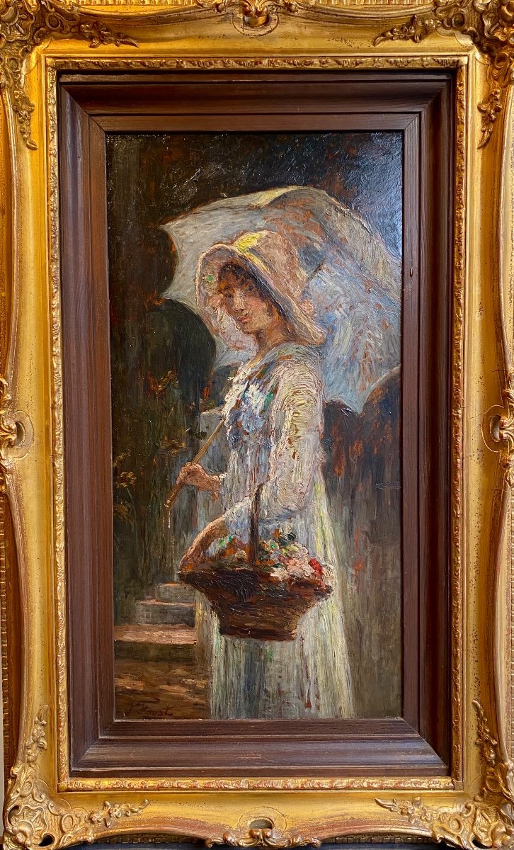 Joseph Faust (1868-1934) Woman With A Parasol 19th Century Portrait Provence Old Painting