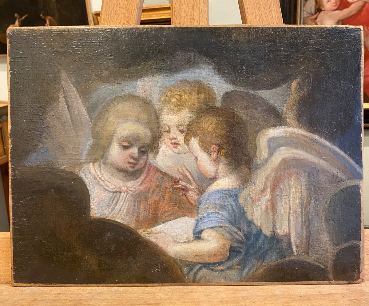 French School 18th Century Putti Angels Oil On Canvas Old Painting -photo-2