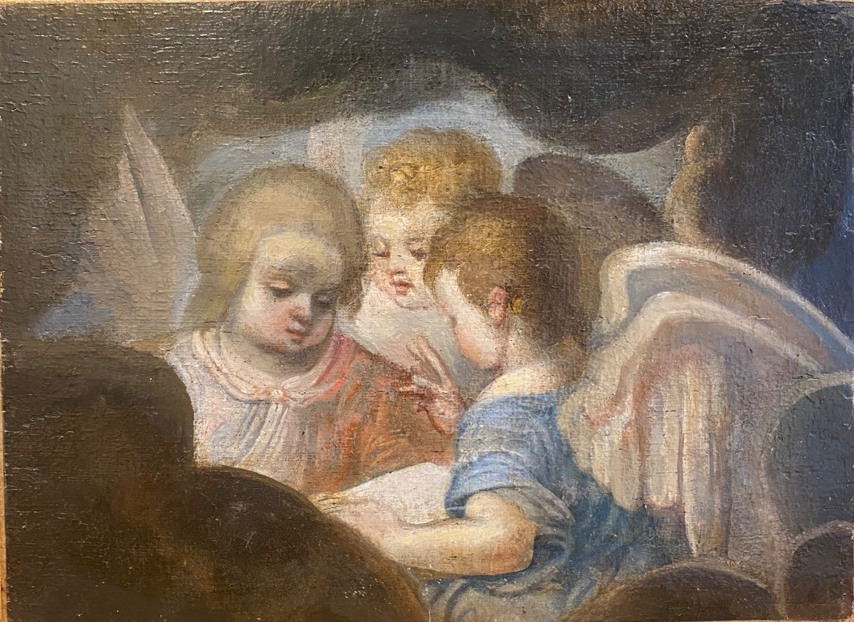 French School 18th Century Putti Angels Oil On Canvas Old Painting 