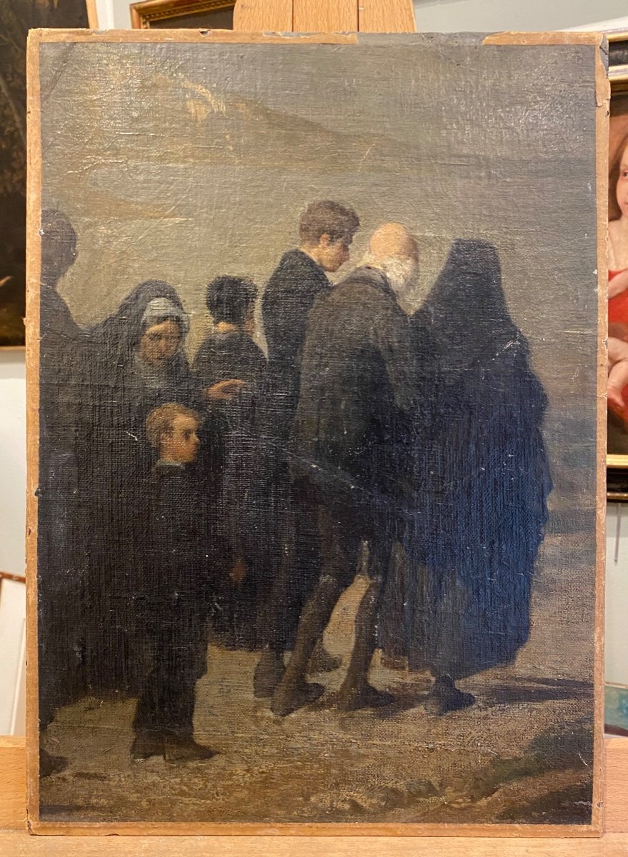 French School 19th Century Realism Burial Oil On Canvas Old Painting-photo-2