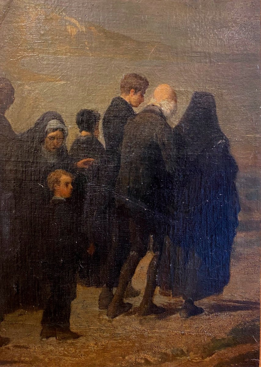 French School 19th Century Realism Burial Oil On Canvas Old Painting