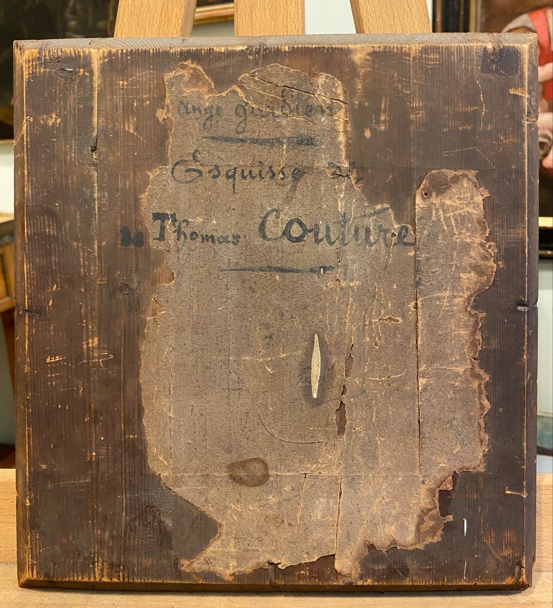 Ecole Française XIXe Thomas Couture (ancienne Attribution Au Dos) Ange Gardien Tableau Ancien -photo-2