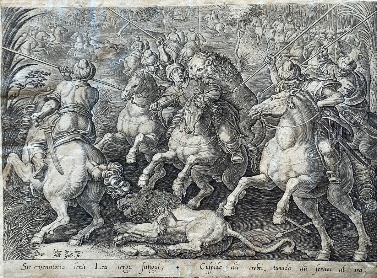 Stradanus, Lion Hunt, Jan Collaert Engraving From Venationes, Ferarum, Avium, Piscium