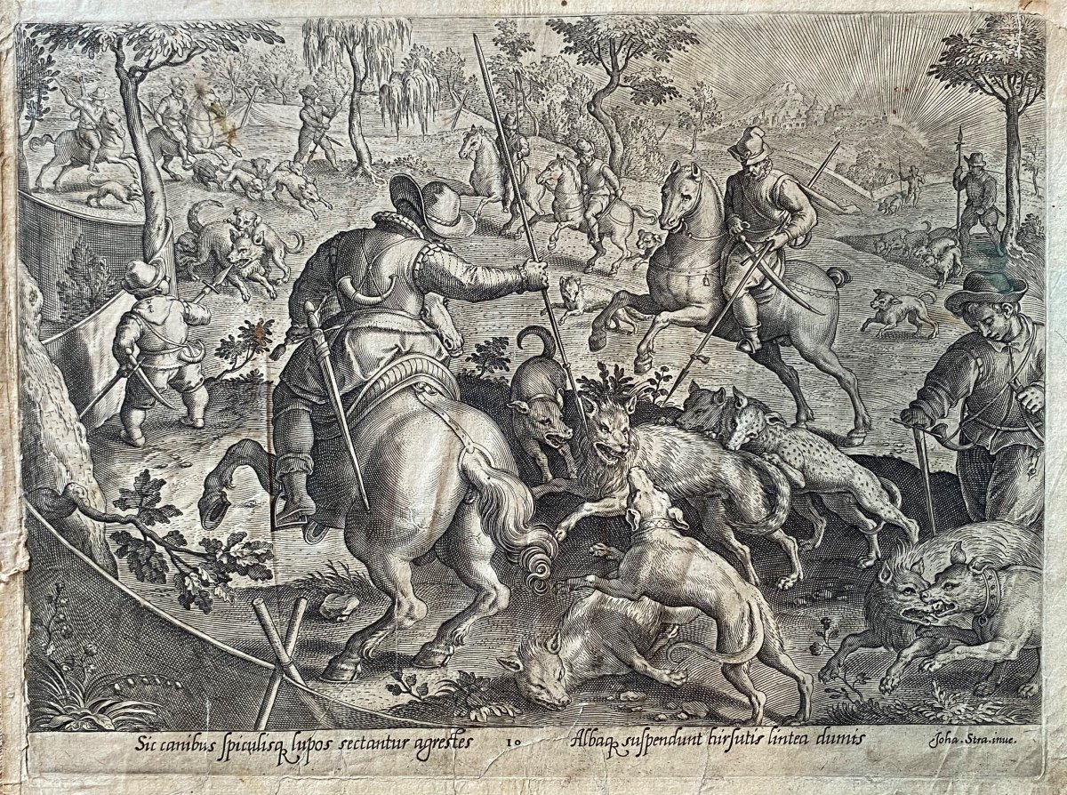 Stradanus, Chasse au Loup, Gravure Jan Collaert Tirée De Venationes, Ferarum, Avium, Piscium