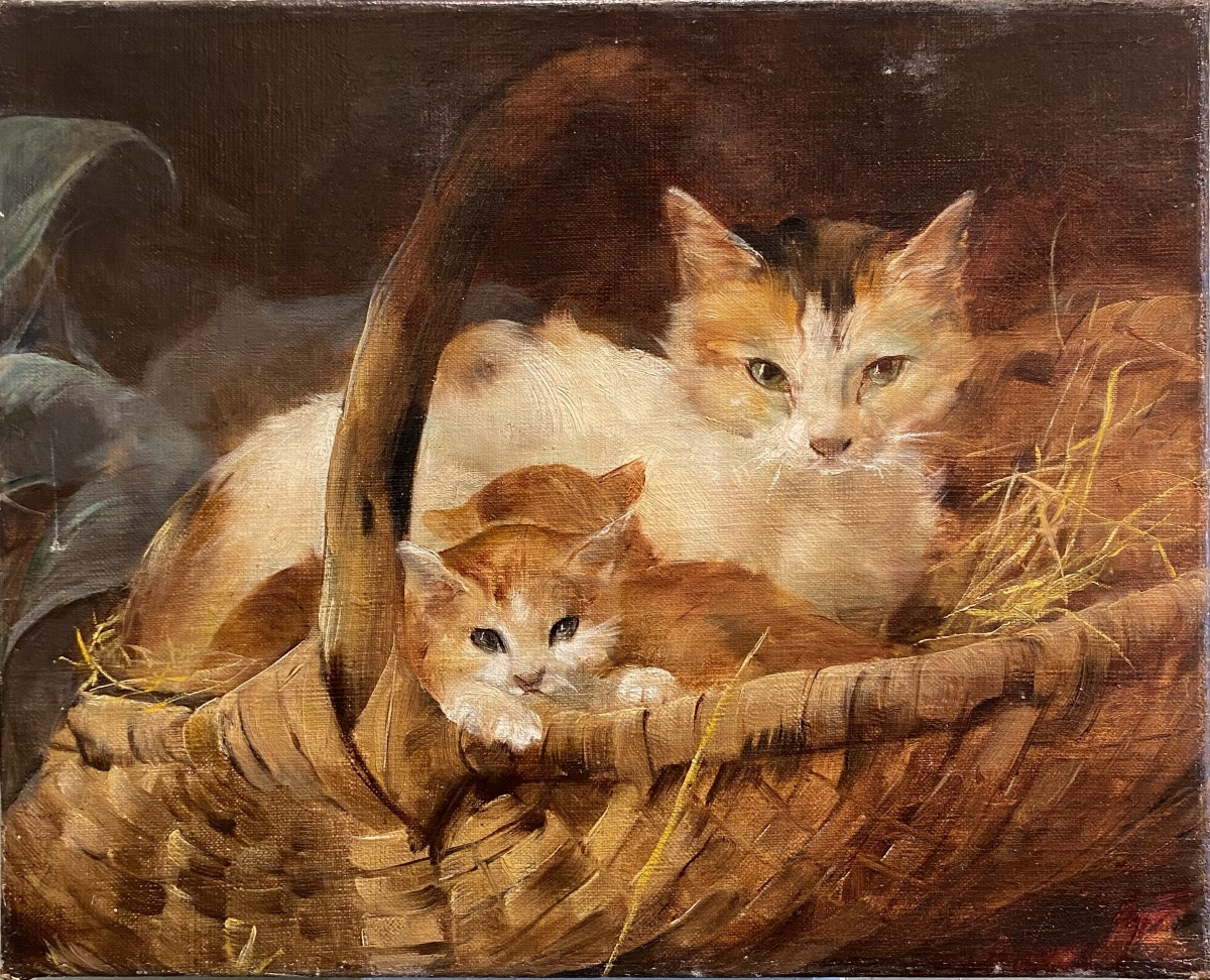 Ecole Scandinave vers 1900 Chats Huile Sur Toile Tableau Ancien Peinture Animalier-photo-2