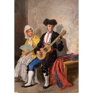 Ecole Espagnole XIX Corrida Matador Musicien Guitare Mention Fortuny Tableau Ancien