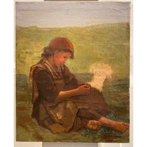 19th Century French School Naturalism Young Girl On The Grass Oil On Canvas