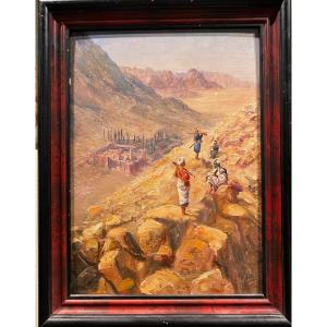 Orientalist School Early 20th Century Sinai Saint Catherine Monastery And Bedouins Old Painting 