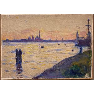 Ecole Post Impressionniste Lagune Venise Huile Sur Toile Tableau Ancien