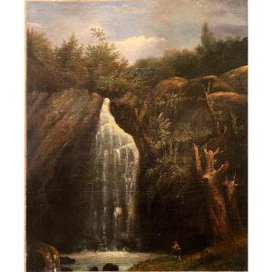 Ecole Française XIXe Une Cascade Paysage Personnage Huile Sur Toile Tableau Ancien