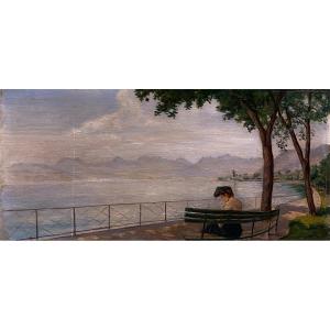 Ecole Française Fin XIXe Vers 1900 Femme Lac Léman Huile Sur Panneau  Tableau Ancien